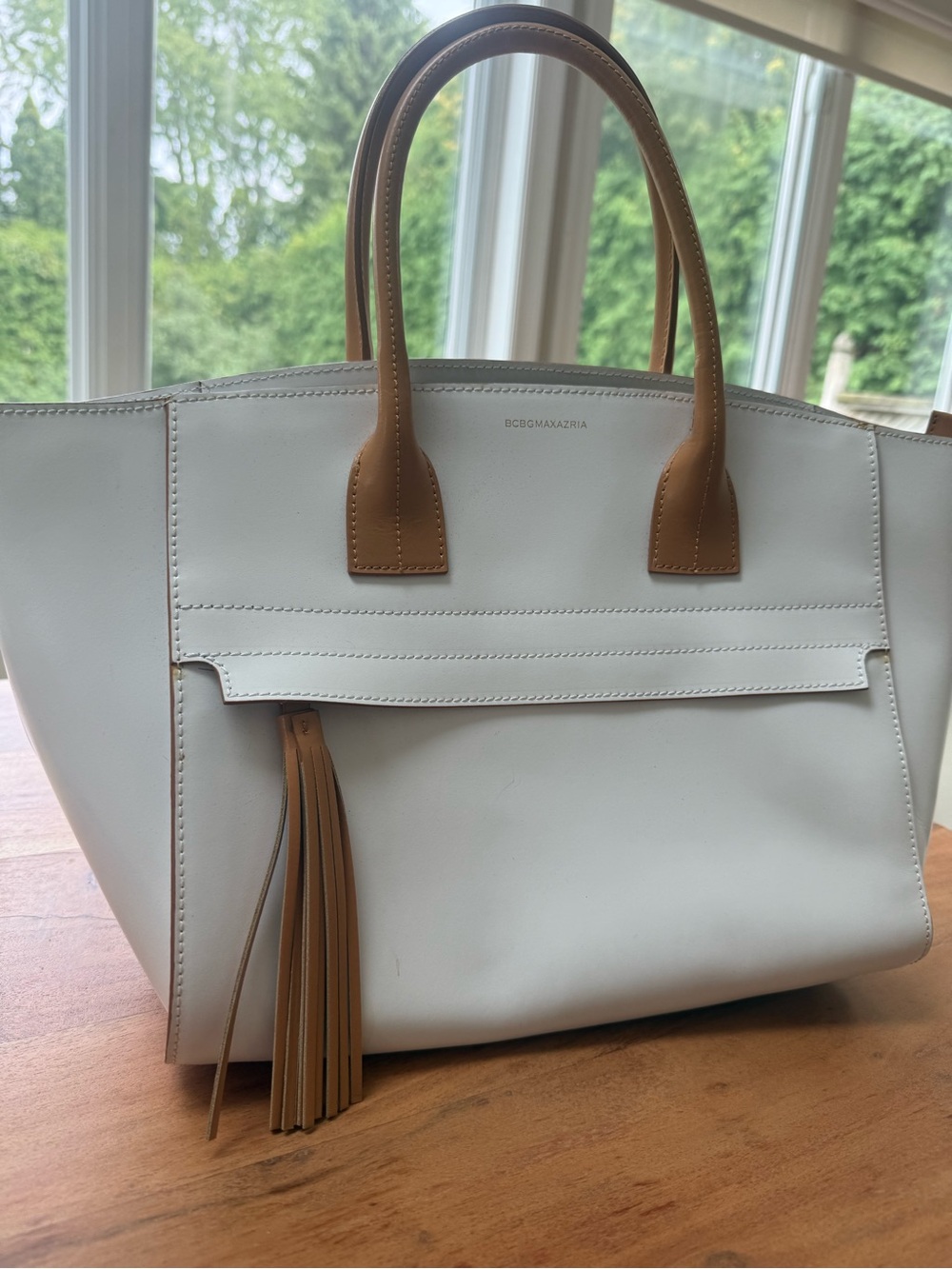 BCBGMaxAzria White Tote with Tan Handles and Tassel